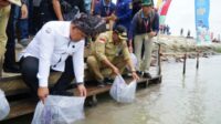 Bupati Karimun Dr. H. Aunur Rafiq bersama Kementerian Kelautan dan Perikanan RI yang diwakili Dirjen Penata ruang Laut Kepulauan Riau sedang menabur ikan di Jembatan Sanur